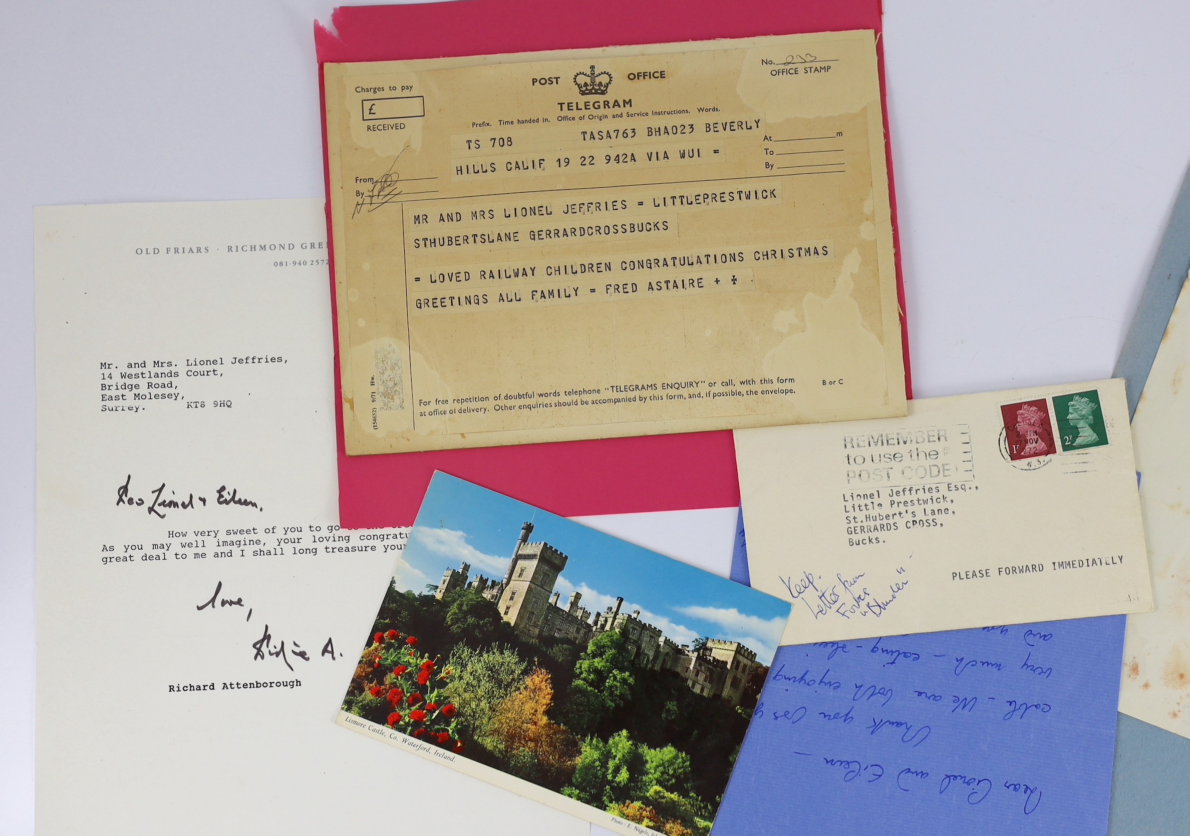 A collection of 13 autograph letters and telegrams to Lionel Jeffries, from 20th century film and theatre celebrities, consisting